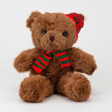 М'яка іграшка "Коричневий ведмедик із шарфом та шапочкою", 30 см 9428-001 фото